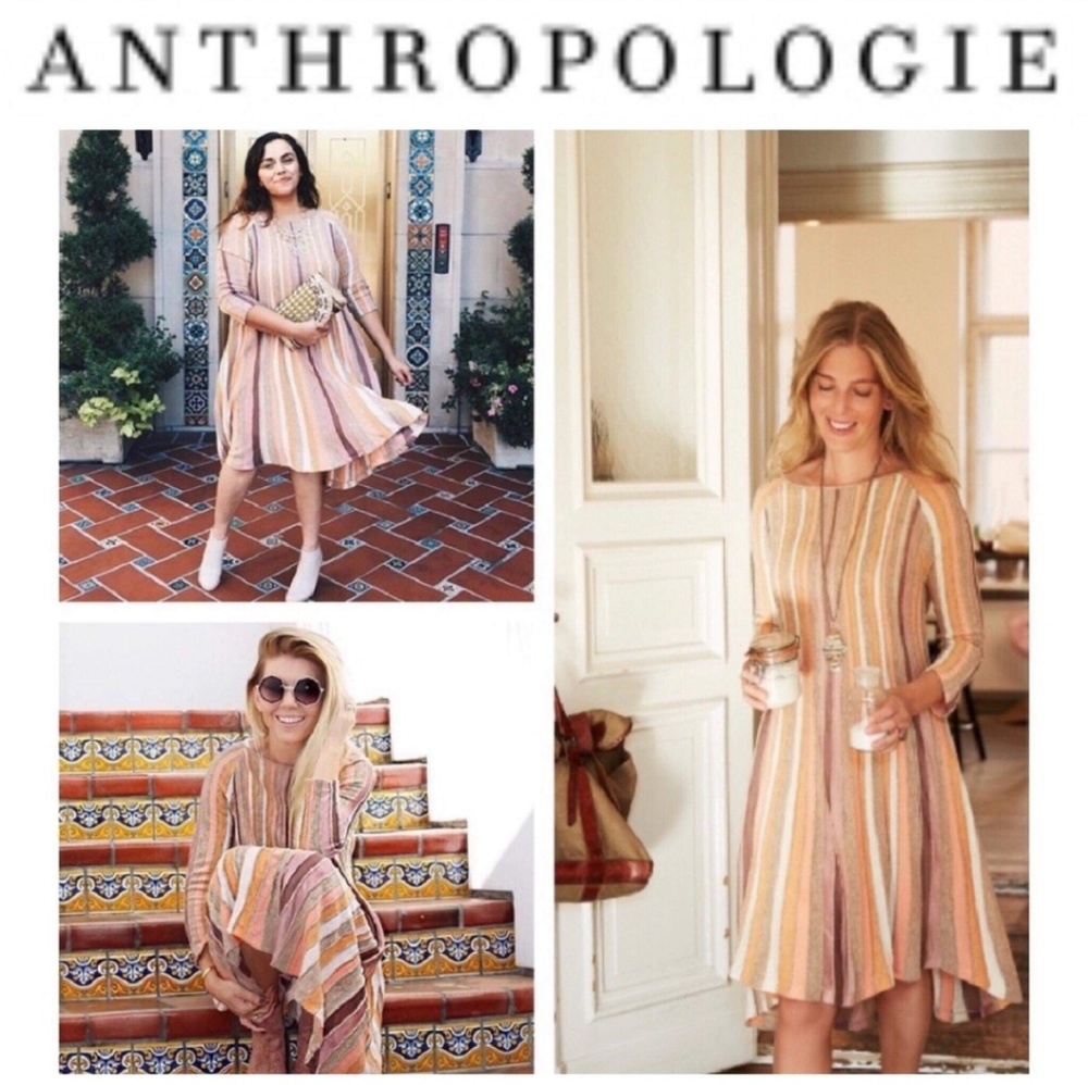 Anthropologie Moth Nora Swing Striped Boho 3/4 Sleeves Midi Dress M